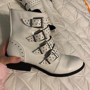 white buckle booties